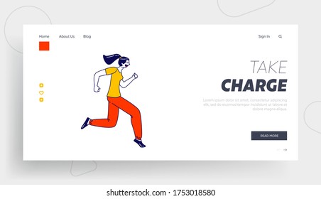 Woman Character Running Landing Page Template. Athletic Young Girl in Sportswear Exercising to be Slim. Outdoor Fitness and Healthy Lifestyle. Active Sport Life Weight Loss. Linear Vector Illustration