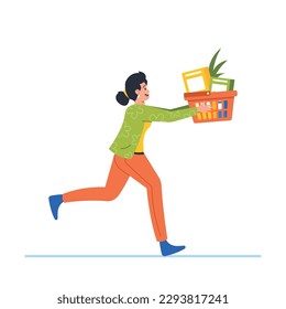 Woman Character Running With Shopping Cart, Racing Through Aisles And Filling It With Essentials And Treats