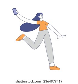 Woman Character Running with Smartphone Enjoying Outdoor Walk in the Park Vector Illustration