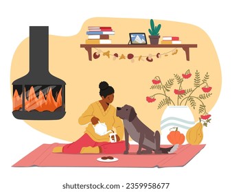 Woman Character Savors Tea By The Fireplace, Accompanied By Her Dog. Embracing The Cozy Autumn Ambiance, They Find Comfort And Joy In The Warmth Of Home. Cartoon People Vector Illustration