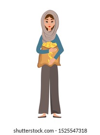 Woman character in a scarf with a bag of money on white background. Vector illustration.