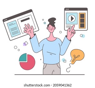 Woman character searching information by internet and using laptop. Vector design element flat graphic illustration