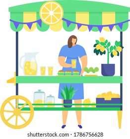 Woman character sell homemade lemonade, street market kiosk with lemon tree, self grown lime isolated on white, flat vector illustration. Decorated stall with lemon slice, farmer organic food.