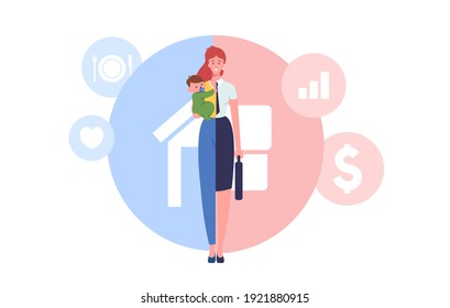 Woman Character Separated on Two Halves as Housewife with Child and Businesswoman Choosing Between Family or Parent Responsibilities and Career or Professional Success. Cartoon Vector Illustration