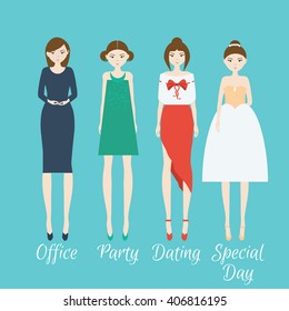 Woman character set. Different outfits for life situations and events, dress code collection. Women's fashion set. Office clothes, party clothes, dating clothes. Pretty women in different clothes