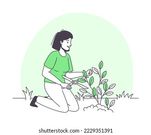 Woman Character Shearing Plant Growing and Cultivating Greenery Outline Vector Illustration