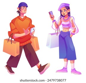 Woman character in shop. People buyer in mall with bag. Man with gift in store for black friday isolated person png. Female customer ecommerce concept collection. Shopaholic hold purchases package