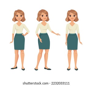 Woman Character with Short Hair Wearing Skirt in Standing Pose Vector Set