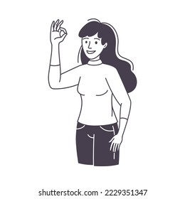 Woman Character Showing Ok Positive Hand Gesture Outline Vector Illustration