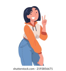 Woman Character Showing Positive V Sign Hand Gesture Vector Illustration