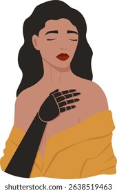 Woman character showing power strength of new bionic arms prosthesis. Happy disabled girl