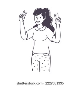 Woman Character Showing V Peace Sign as Positive Hand Gesture Outline Vector Illustration