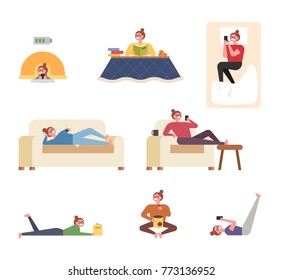 A woman character showing various ways of relaxing in the house vector illustration flat design