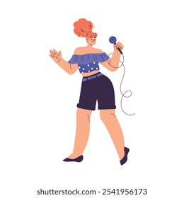 Woman Character Singing with Microphone Enjoy Karaoke Vector Illustration