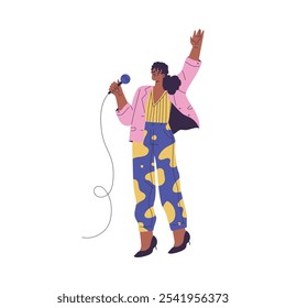 Woman Character Singing with Microphone Enjoy Karaoke Vector Illustration
