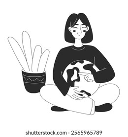 Woman character sits cross-legged, holding globe planet. Concept of care and environmental awareness. Vector flat illustration for web or app design in outline style