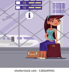 Woman character sitting airport on baggage bags waiting trip airplane. Travel vector design graphic flat cartoon illustration