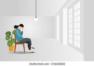 Woman character sitting alone, feeling stress emotion, depression. Sad male person in problem, loneliness fear, in room.