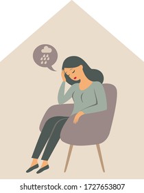 Woman character sitting alone inside the house, feeling stress emotion, depression. The psychological impact of coronavirus quarantine lockdown. Flat vector illustration