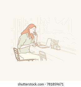 A woman character sitting at a cafe window and talking on the phone hand drawn style vector doodle design illustrations.