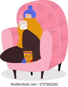 Woman character sitting cozy armchair, female drink warm coffee tea isolated on white, flat vector illustration. Winter and autumn mood state, person relax warm clothes soft seat place.