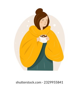 Woman character sitting cozy armchair, female drink warm coffee tea isolated on white, flat vector illustration. Winter and autumn mood state, person relax warm clothes soft seat place.