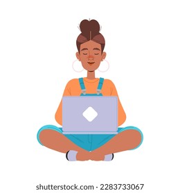 Woman Character Sitting Cross-legged with Laptop Working in Coworking Space Vector Illustration