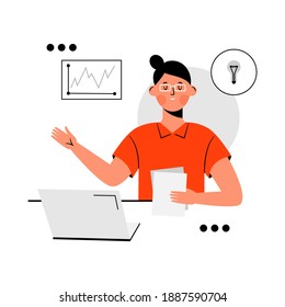 A woman character sitting at the desk with laptop, holding paper documents in her hand - Young lady works, studies from home - Support elements on background - Vector illustration