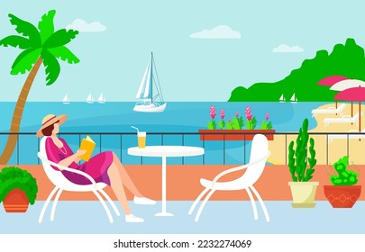 Woman character sitting hotel terrace tropical country, beachside relaxing place, female read book and drink smoothies flat vector illustration.