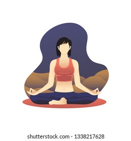 Woman Character Sitting in Lotus yoga pose flat vector illustration