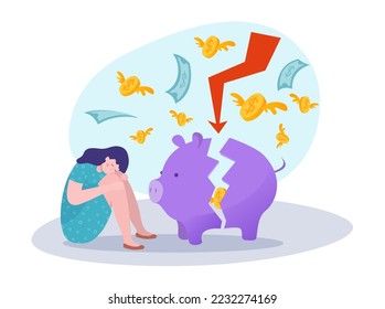 Woman character sitting near broken piggy bank, world financial crisis, bankruptcy woman flat vector illustration, isolated on white.