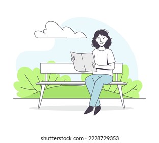 Woman Character Sitting on Bench in the Park and Reading Newspaper Outline Vector Illustration