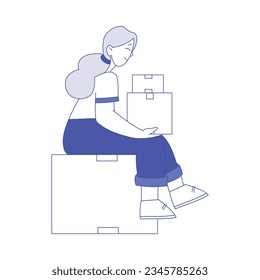 Woman Character Sitting on Cardboard Box Vector Illustration