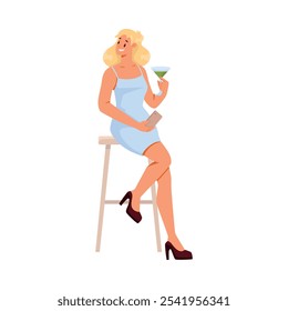 Woman Character Sitting on Chair with Smartphone and Glass of Cocktail Vector Illustration