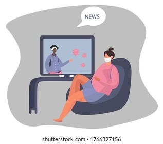 Woman Character Sitting on Couch in Medical Mask Watching the Global or Fake News about Coronavirus on Laptop or TV at Home.
Social Media Networking and Loudspeaker News.Flat Vector Illustration
