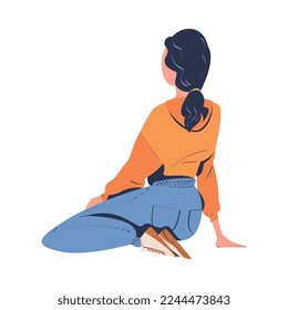 Woman Character Sitting on the Ground with Bended Legs Watching Movie in Open Air Cinema Vector Illustration