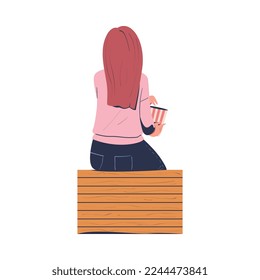 Woman Character Sitting on Wooden Seat with Popcorn and Watching Movie in Open Air Cinema Vector Illustration