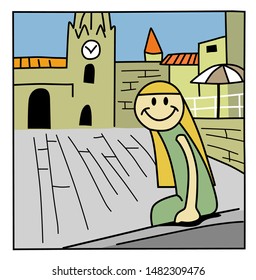 Woman character sitting and smiling in an old town. Cartoon style vector illustration. Oviedo, Asturias, Spain.