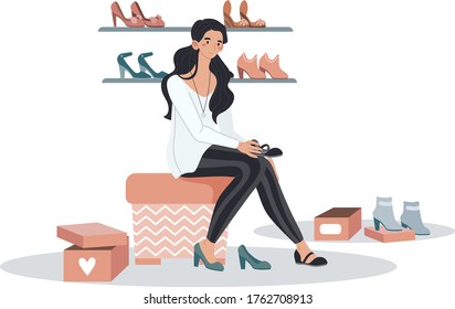 Woman character sitting store trying shoes, female fitting collection fashion boots isolated on white, cartoon vector illustration. Boutique footwear shop, shopping exhibition slipper stand.
