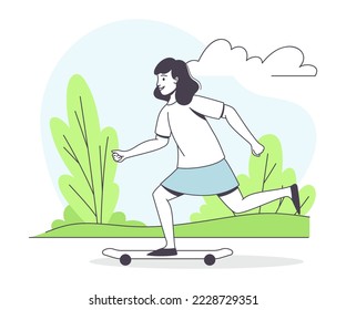 Woman Character Skateboarding in the Park Moving Ahead Outline Vector Illustration