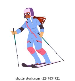 Woman Character Skiing at Mountain Ski Resort in Winter Season Vector Illustration