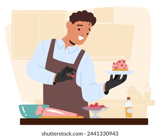 Woman Character Skillfully Adorns A Cupcake With Colorful Icing, Berries And Sprinkles, Standing In A Bright Kitchen, Surrounded By Baking Tools And Ingredients. Cartoon People Vector Illustration