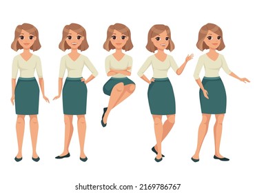 Woman Character in Skirt and Blouse in Standing and Sitting Pose Gesturing Vector Set