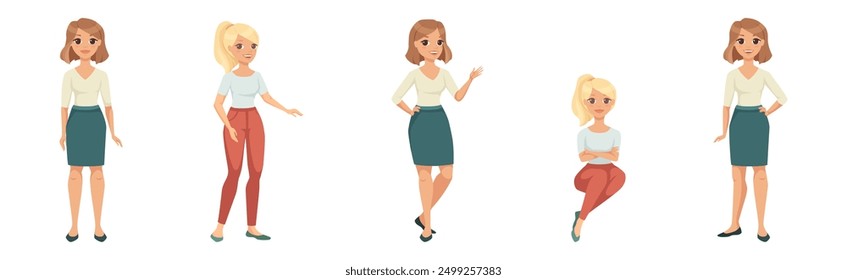 Woman Character in Skirt and Pants in Standing and Sitting Pose Vector Illustration Set