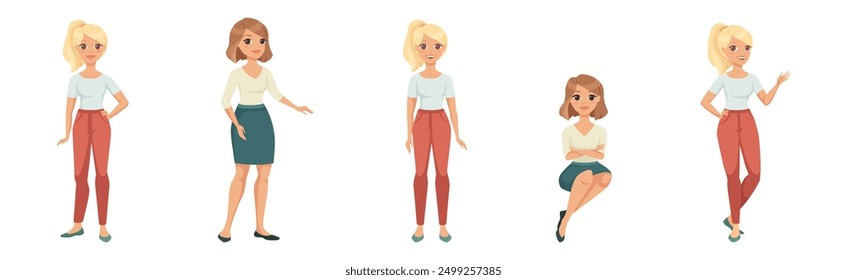 Woman Character in Skirt and Pants in Standing and Sitting Pose Vector Illustration Set