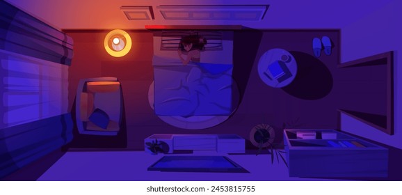 Woman character sleep in bed top view cartoon. Night bedroom interior and lady asleep pose alone with blanket. Comfort lying position for adult slumber in dark apartment concept illustration