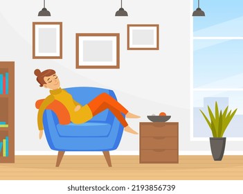 Woman Character Sleeping Lounging In Armchair At Daytime Vector Illustration