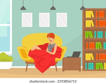 Woman Character Sleeping Sitting on Armchair Covered with Blanket in Living Room Vector Illustration