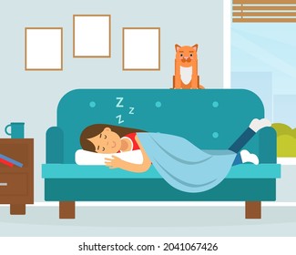 Woman Character Sleeping or Taking Nap Lying on Sofa Covered with Blanket Vector Illustration