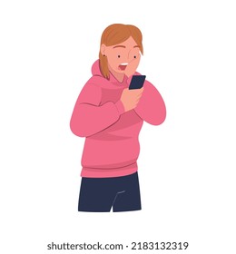 Woman Character with Smartphone Reading Shock Content or News Vector Illustration